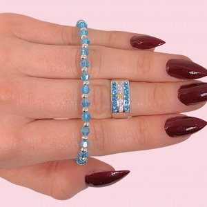 Conjunto Pulsera con Cristales + Bolitas y Anillo Bandera de Argentina de Plata 925
